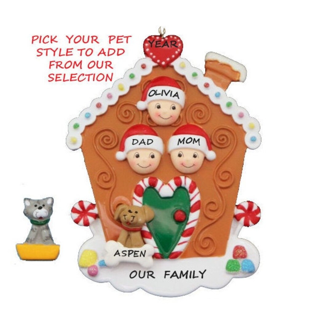 Gingerbread House Family 3 Personalized Ornament With Dog or Cat Added ...