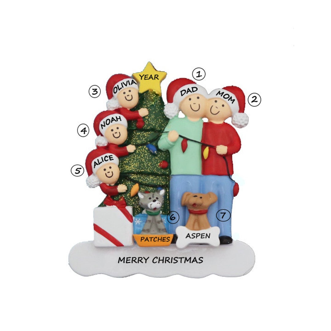 Family of 5 Personalized Ornament With 2 Dogs, Cats or Bunnies Added