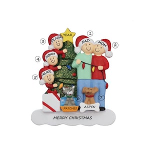 Family of 5 Personalized Ornament with 2 Dogs, Cats or Bunnies Added -Family of Five Personalized Ornament with 2 Custom Pets Added