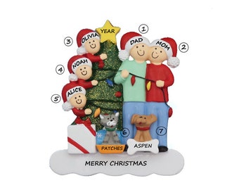 Family of 5 Personalized Ornament with 2 Dogs, Cats or Bunnies Added -Family of Five Personalized Ornament with 2 Custom Pets Added