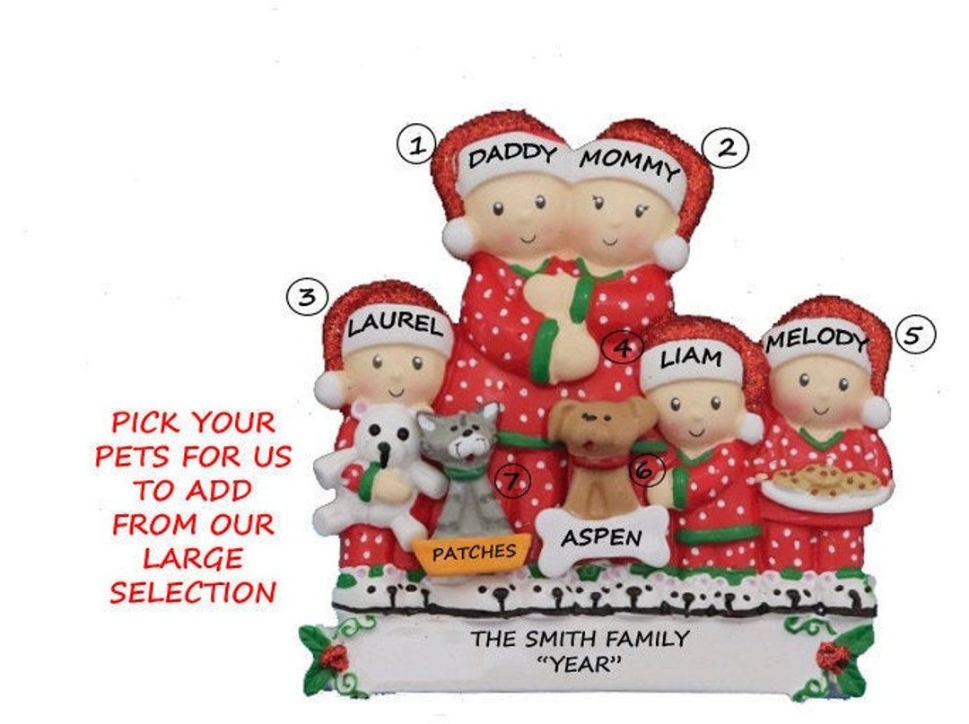 Personalized Family of 5 Ornament With Dogs, Cats or Bunnies Added ...