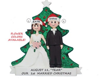 Personalized Couple Just Married Wedding Christmas Ornament-Flower Bouquet Choices-First Married Christmas Ethnic Couple Interracial Couple