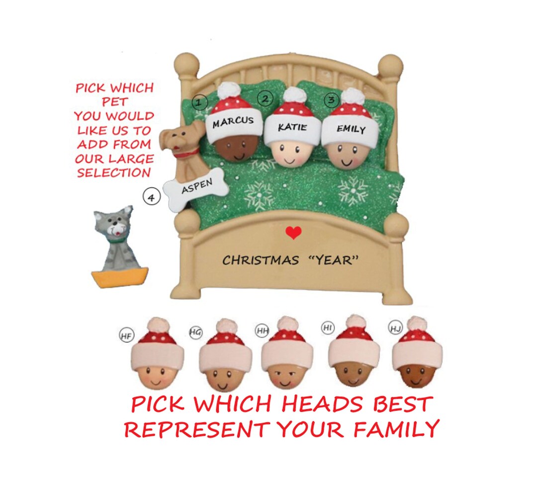 Personalized Family 3 Snuggled in Bed With Dog or Cat Christmas ...