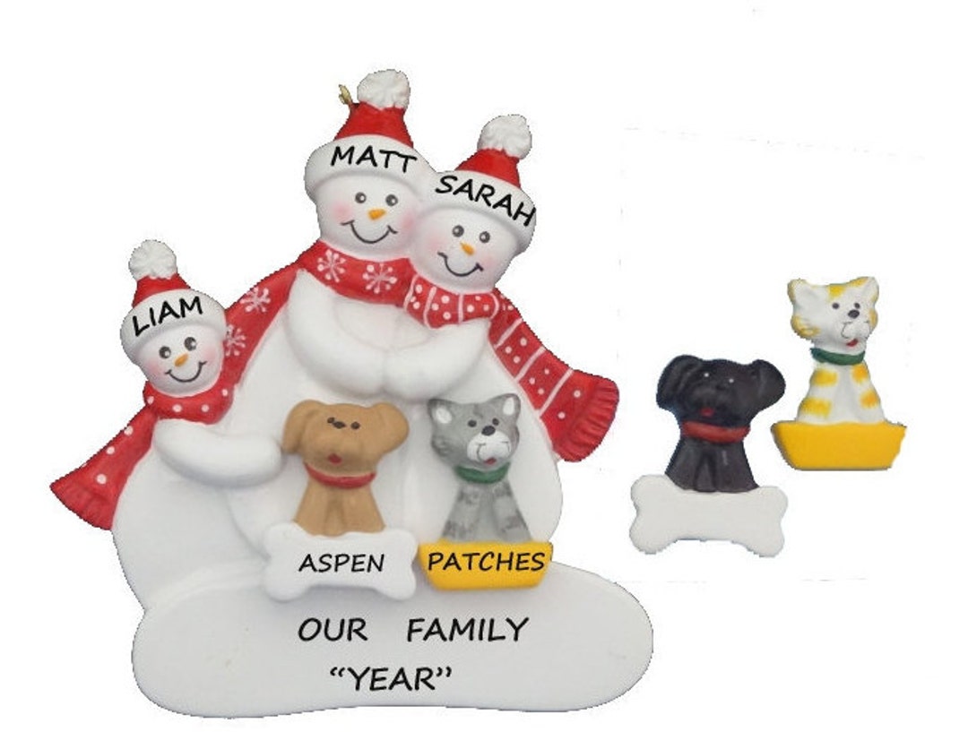 Personalized Snow Family 3 Christmas Ornament With 2 Pets Dogs or Cats ...