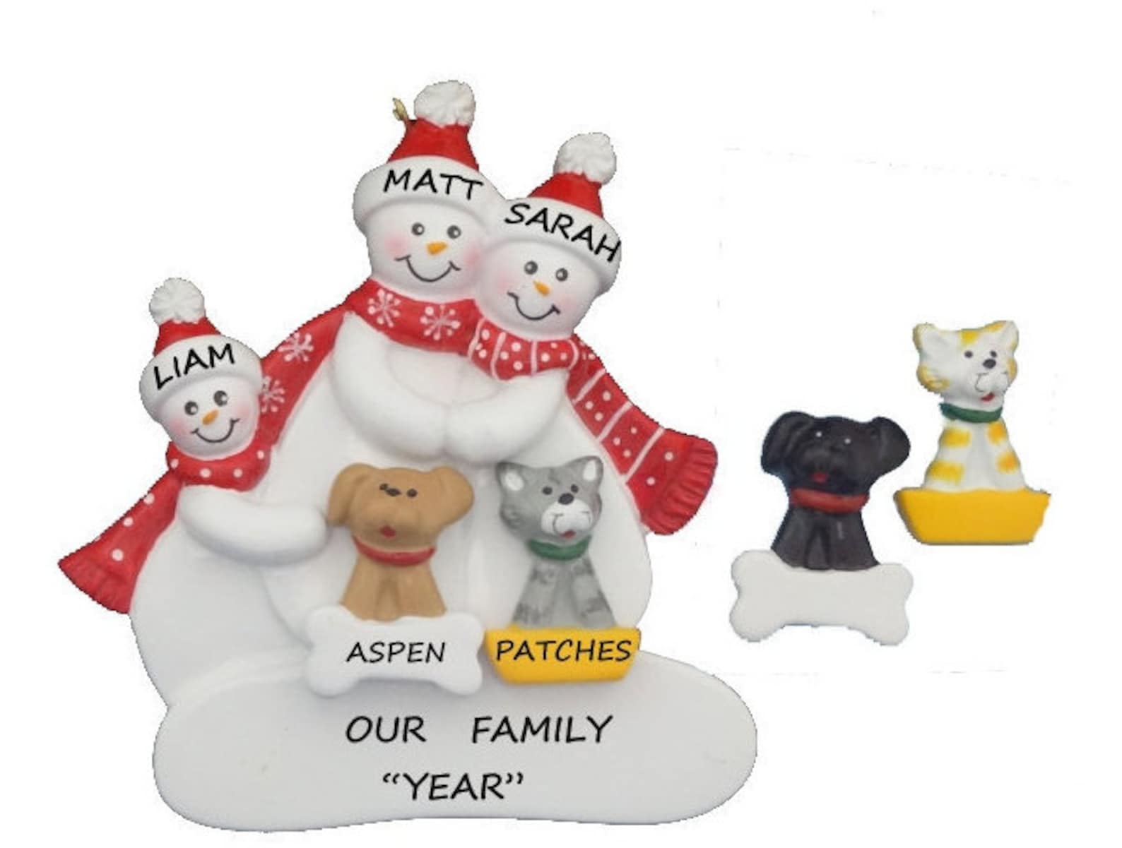 Personalized Snow Family 3 Christmas Ornament With 2 Pets Dogs or Cats ...