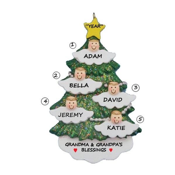 Personalized Grandparents Blessings Angel Tree 5 - Personalized Grandma Ornament with 5 Grandchildren - Our Family Blessings of Five