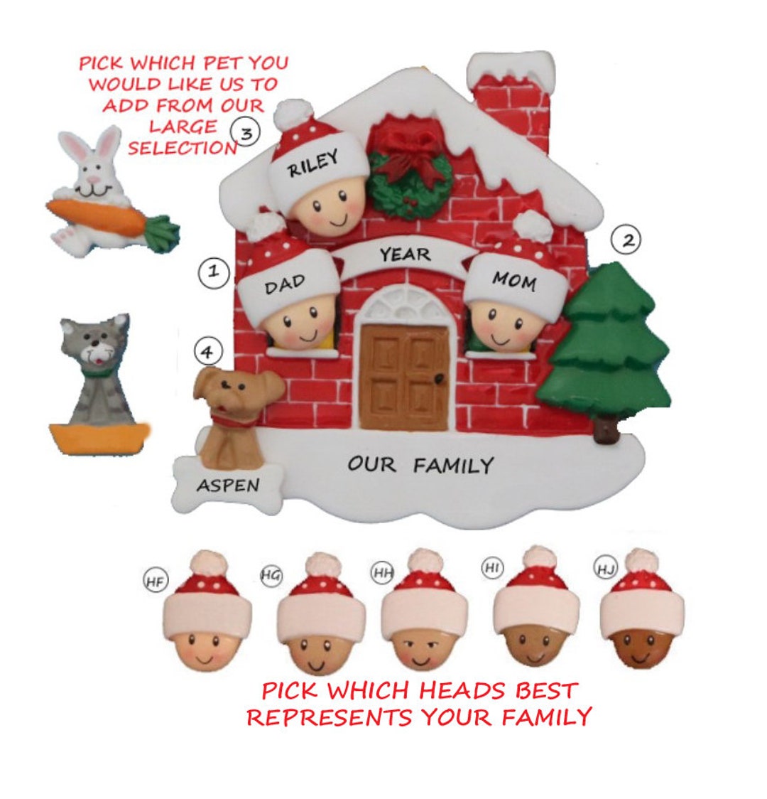 Personalized Family 3 Home Ornament With Dog, Cat or Bunny Added ...