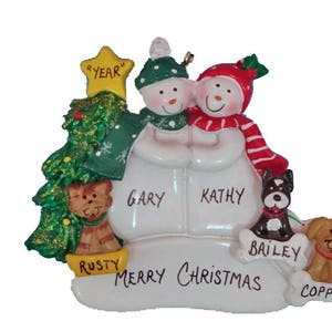 Personalized Snowman Couple Family of 2 with a Dog or Cat Christmas Ornament