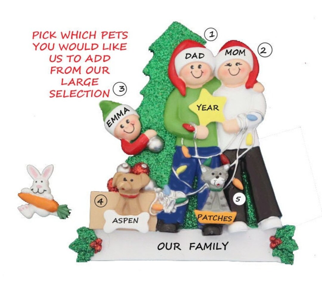 Family of 3 Personalized Ornament With 2 Dogs or Cats Added Decorating ...