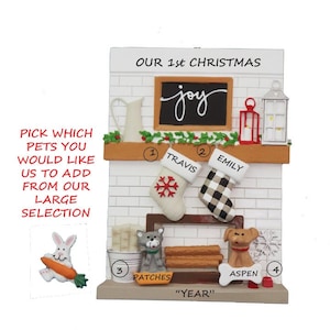 Personalized Modern Fireplace Ornament With 2 Stockings And 2 Dogs or Cats Added - Our 1st Christmas - Our New Home Couple With Pets