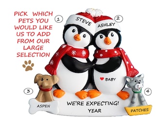 May include: A Christmas ornament featuring two penguins wearing red scarves and hats. The penguins are holding each other and have the names "Steve" and "Ashley" written on their hats. The ornament also includes a dog and a cat with the names "Aspen" and "Patches" written on their tags. The text "We're Expecting!" is written on the ornament.