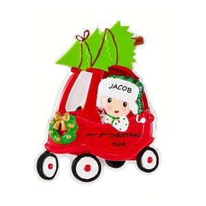 Boy in Red Toy Car Personalized Christmas Ornament - Personalized 2nd Christmas Ornament - Personalized Child's Christmas Ornament