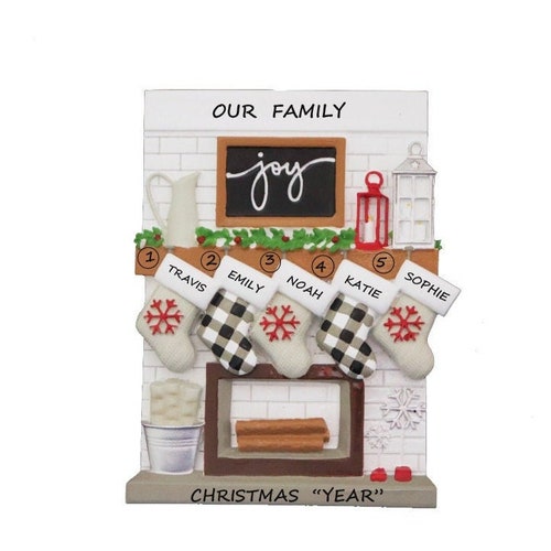 Modern Family of 5 Stocking Fireplace Personalized Ornament
