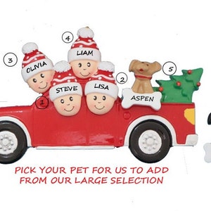 Family 4 in Pickup Truck with Dog Christmas Ornament - Personalized Family 4 in Truck with Dog or Cat Christmas Ornament