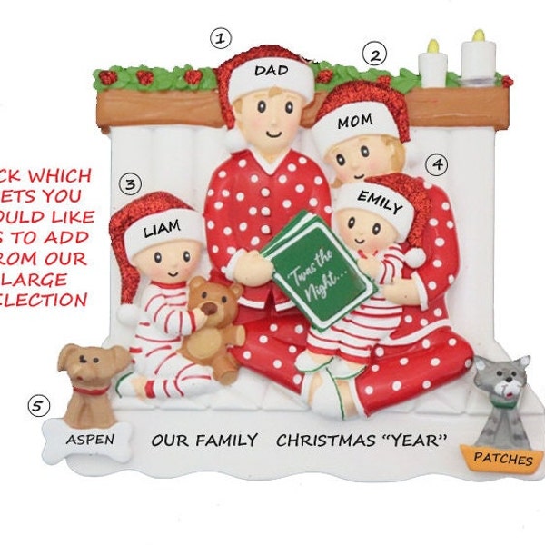 Personalized Family 4 Snuggled in Bed Reading A Book with 2 Dogs or Cats Added Personalized Christmas Ornament - Family Four with 2 Pets