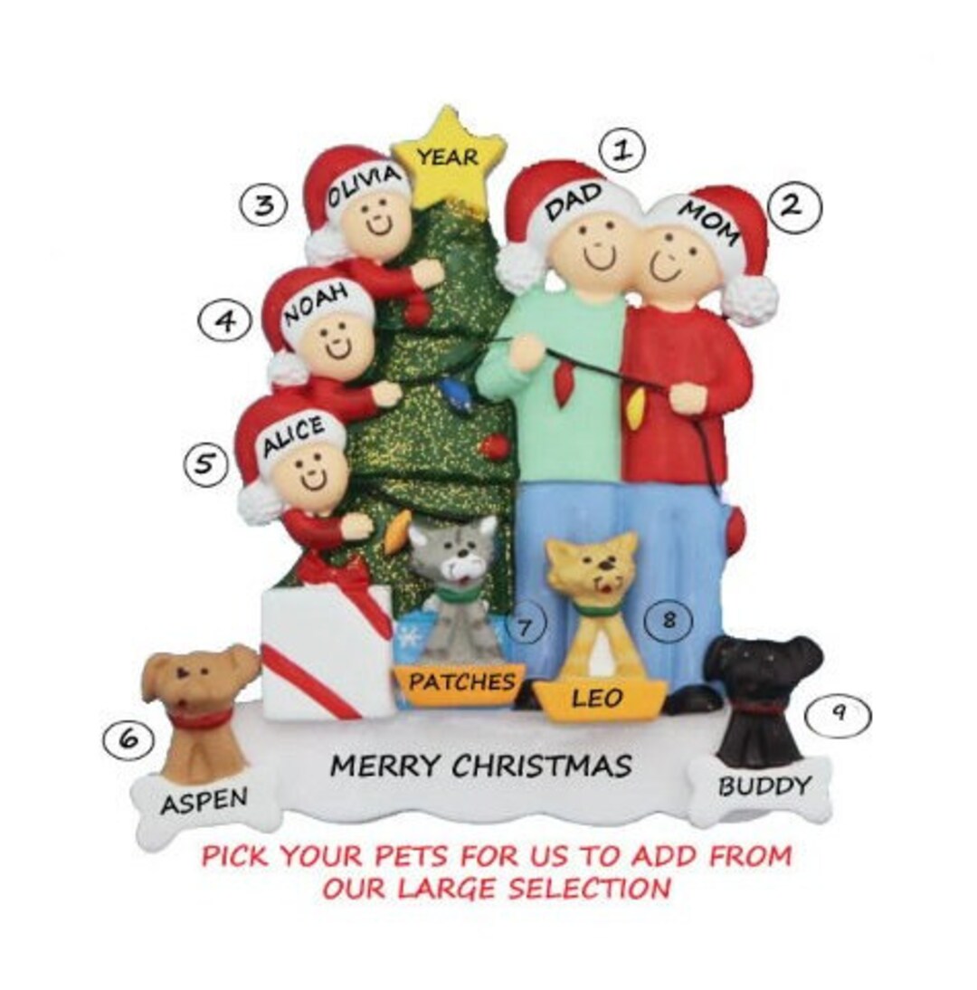 Family of 5 Personalized Ornament With 4 Dogs, Cats or Bunnies Added ...