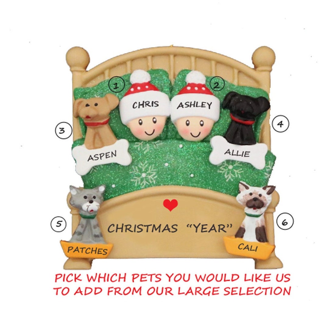 Personalized Couple Snuggled in Bed With 4 Dogs or Cats Added Christmas ...