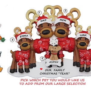 Personalized Reindeer Family of 4 with 1 Custom Dog, Cat or Bunny Added - Reindeer Family of Four with Pet Added