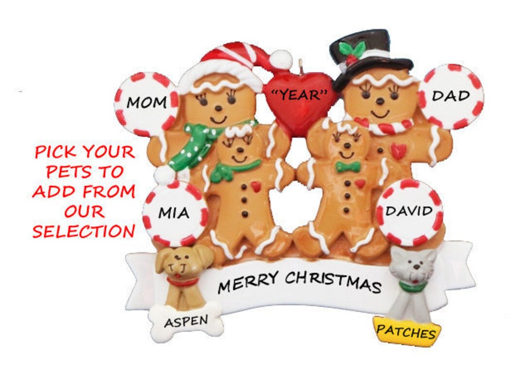 Personalized Gingerbread Family of 4 Ornament With 2 Custom Dogs or ...