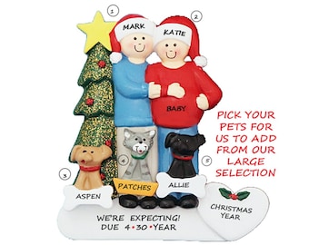 Expecting Couple with 3 Pets Ornament - Expecting Couple Ornament with Dogs - Expecting Couple Ornaments with Cats - Personalized For You