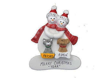 Snow Couple Personalized Christmas Ornament with 2 Custom Dogs or Cats - Personalized Couple Ornament with 2 Dogs - 2 Cats - 1 Dog and 1 Cat