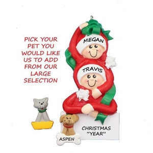 Couple Celebrating Christmas Personalized Ornament with Dog or Cat Added - Couple with Custom Pet Added