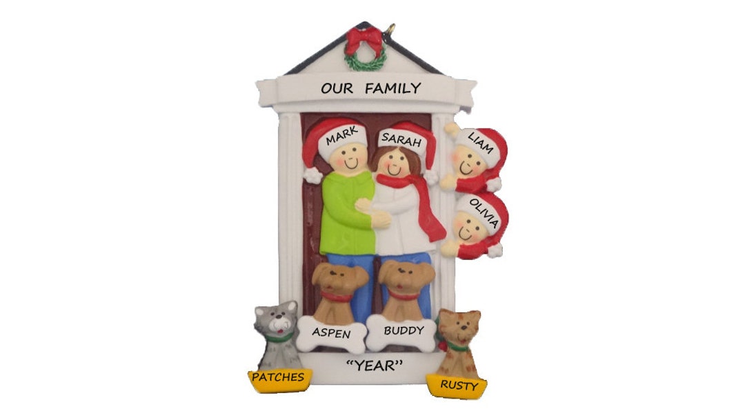 Door Family of 4 Personalized Christmas Ornament With 4 Dogs or Cats ...