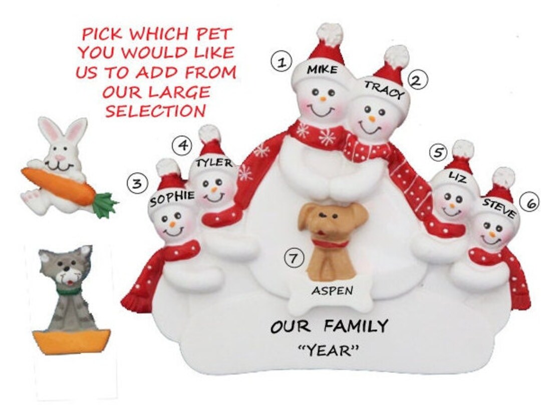 Personalized Snow Family of 5 Ornament With Family Pet Dog or Cat Added ...