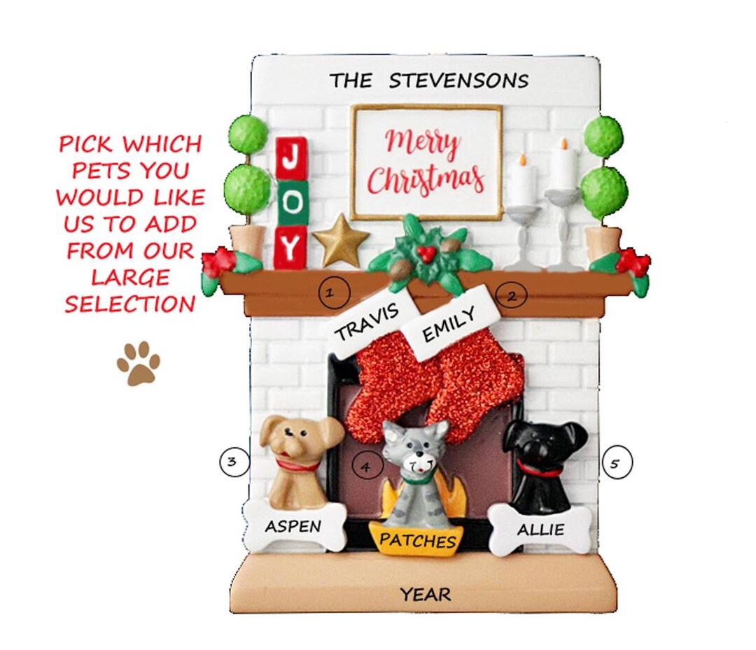 Personalized Modern Fireplace Ornament With 2 Stockings and 3 Dogs or ...