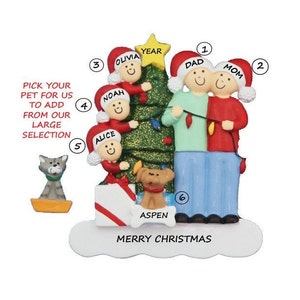Family of 5 Personalized Ornament with Custom Dog, Cat or Bunny Added -Family of Five Personalized Ornament with Custom Pet Added