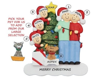 Family of 5 Personalized Ornament with Custom Dog, Cat or Bunny Added -Family of Five Personalized Ornament with Custom Pet Added