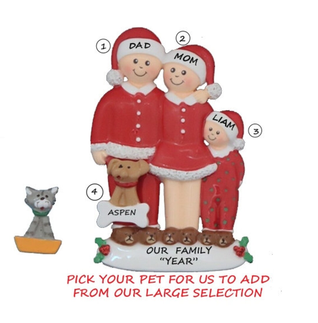 Personalized Family of 3 Ornament With Custom Dog, Cat or Pet Rabbit ...