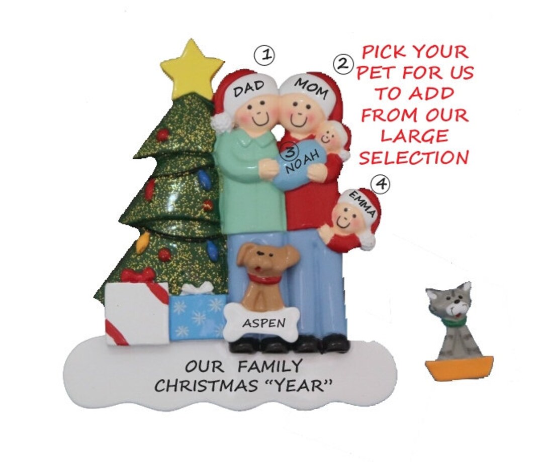 Family of 4 With Baby and A Dog or Cat Personalized Ornament- Family of ...