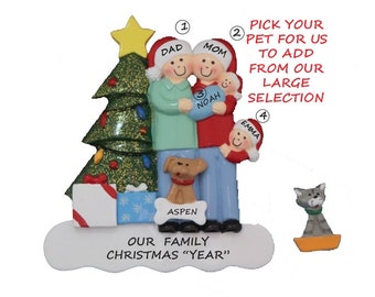 Family of 4 with Baby and A Dog or Cat Personalized Ornament- Family of 4 Ornament with New Baby Boy Or Girl Christmas Ornament