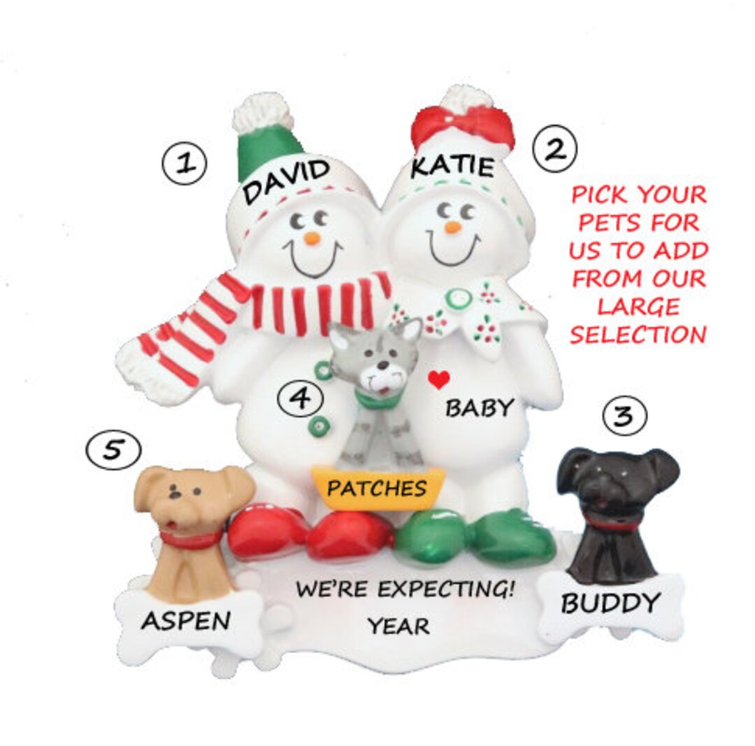 Expecting Snow Couple Christmas Ornament With 3 Custom Dogs Cats ...