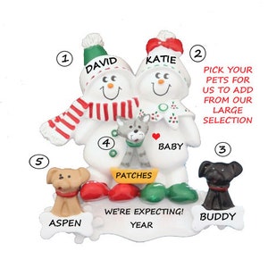 Expecting Snow Couple Christmas Ornament with 3 Custom Dogs Cats, Bunnies Added - We're Expecting Couple Ornament with 3 Pets Added
