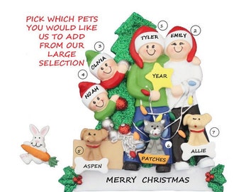 Family of 4 Personalized Ornament with 3 Custom Dogs Added -Family of 4 Ornament with 3 Custom Cats Added-Family of 4 with Custom Pets