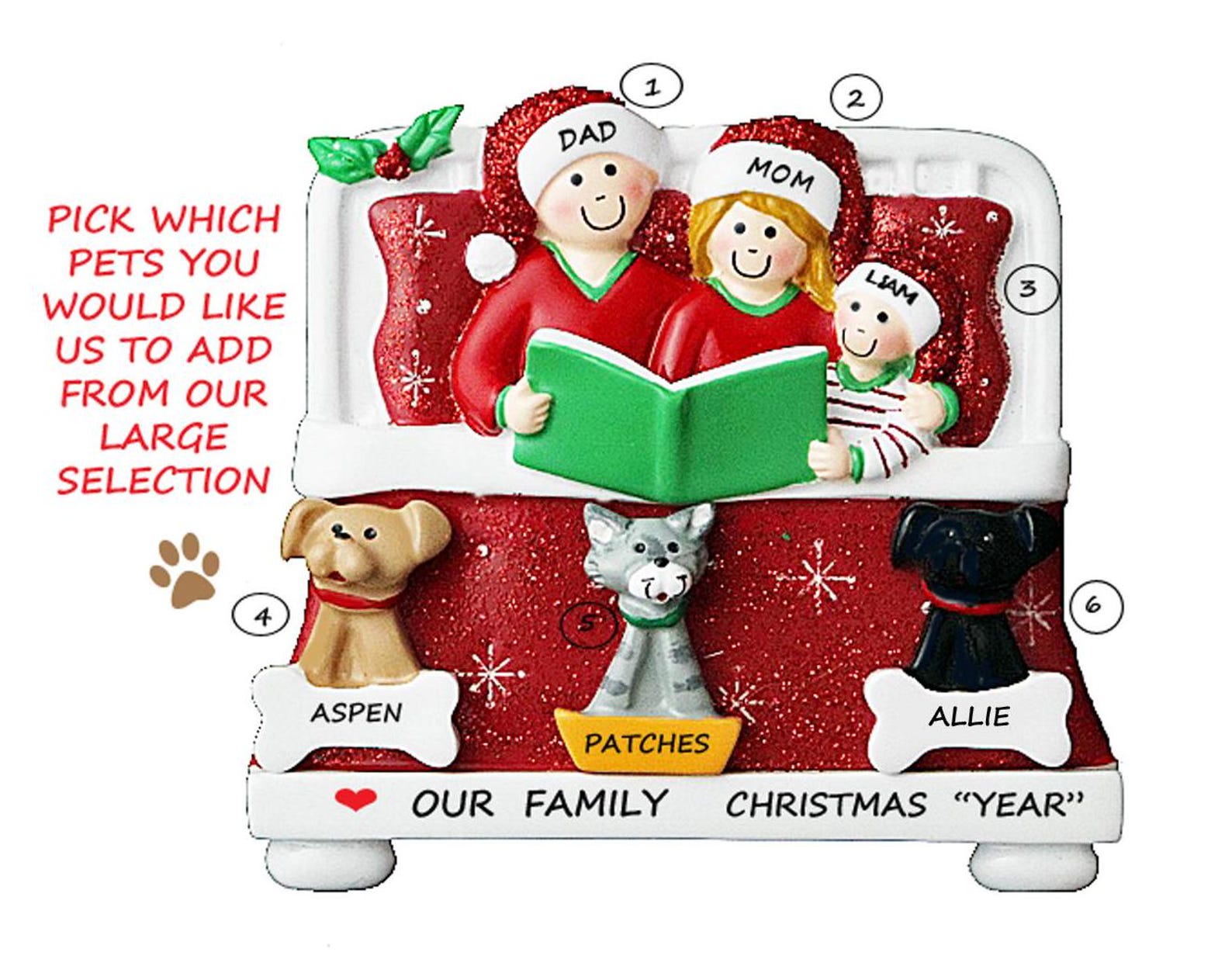 Personalized Family 3 Snuggled in Bed Reading A Book With 3 Dogs or