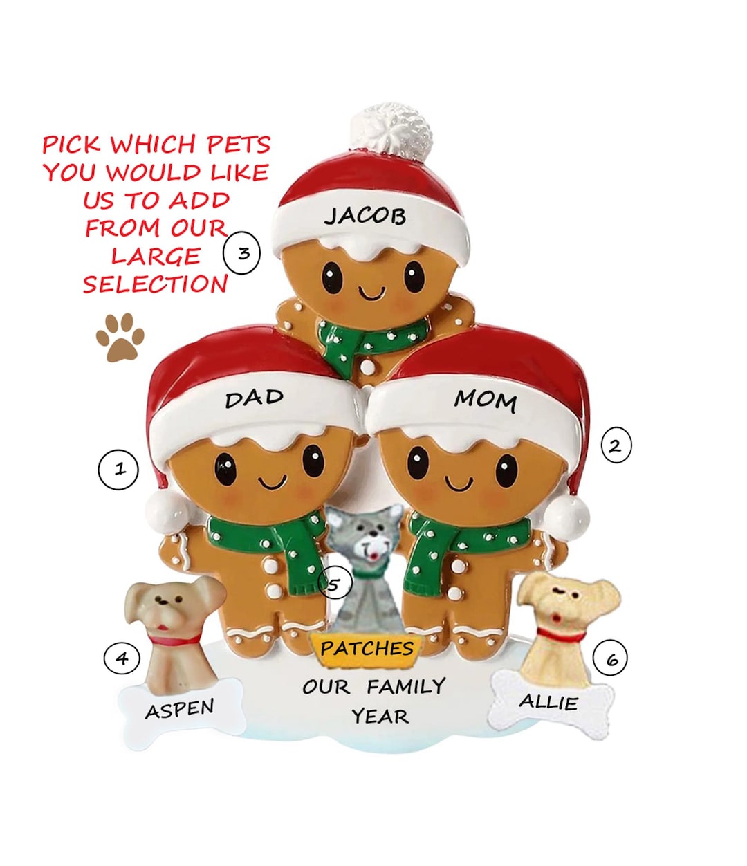 Personalized Gingerbread Family 3 Christmas Ornament With 3 Pets Dogs ...