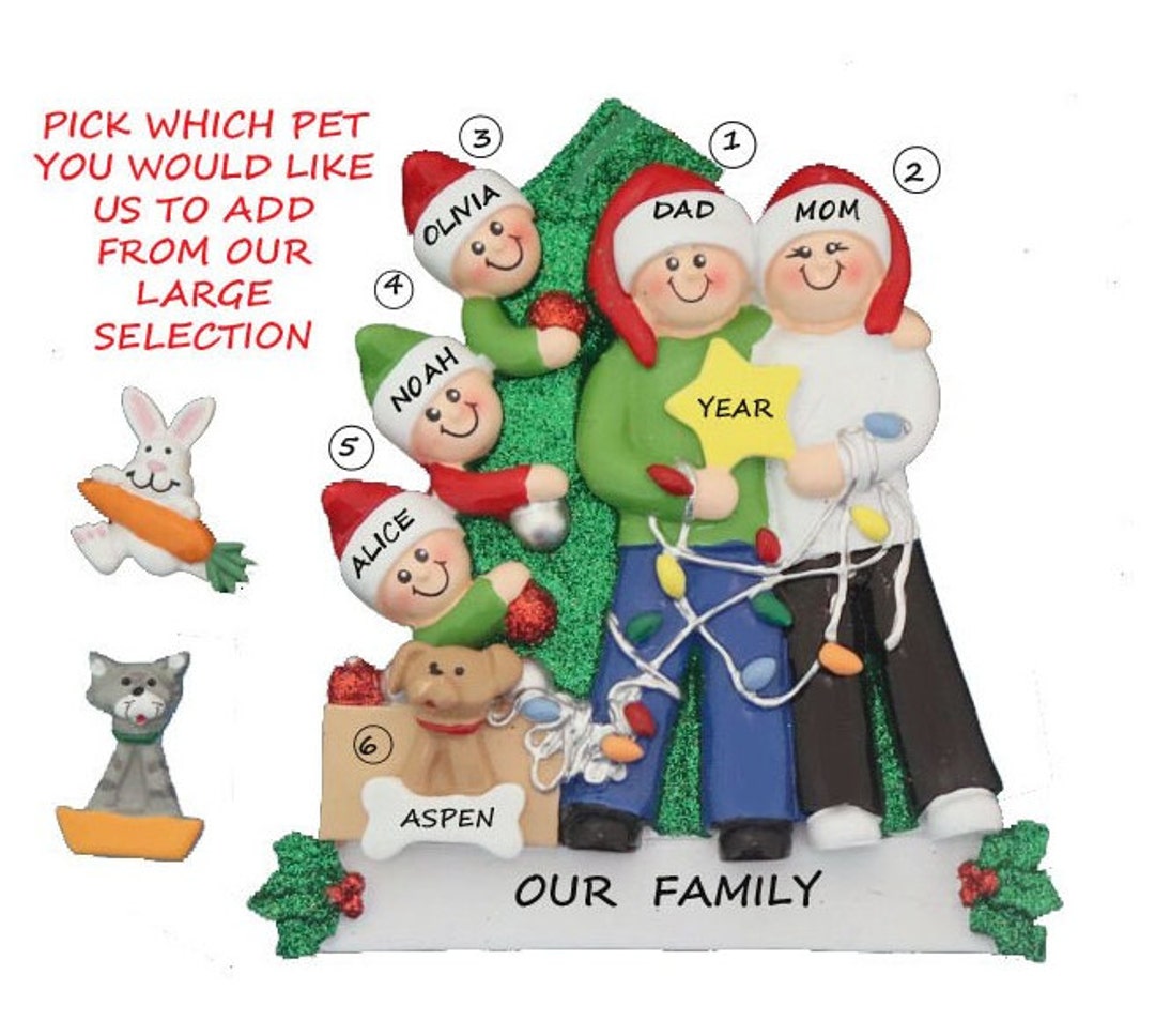 Family of 5 Personalized Ornament With Custom Dog, Cat or Bunny Added ...