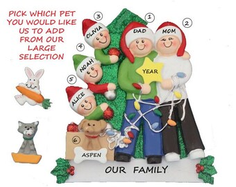Family of 5 Personalized Ornament with Custom Dog, Cat or Bunny Added -Family of Five Personalized Ornament with Custom Pet Added