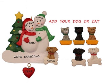 Personalized Christmas Ornament Pregnant Snow Couple with Dog or Cat Added - We're Expecting Couple with Custom Dog or Cat Added