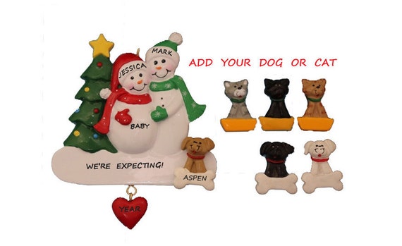 Personalized Christmas Ornament Pregnant Snow Couple with Dog