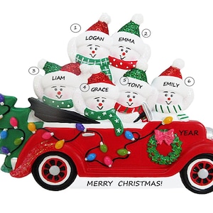 Family of 6  or Friends  in Red Car Personalized Ornament -6 People Car - Christmas Personalized Ornament
