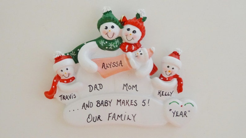 Personalized Snow Family of 5 Ornament - New Baby Makes Family of 5 ...