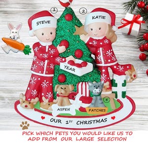 Couple Decorating Tree Personalized Christmas Ornament with 2 Cats or Dogs Added - Personalized Couple Ornament with 2 Cats- 2 Dogs