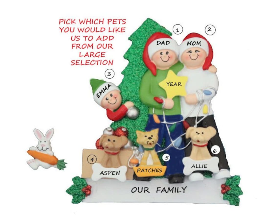 Family of 3 Personalized Ornament With 3 Dogs or Cats Added Decorating ...