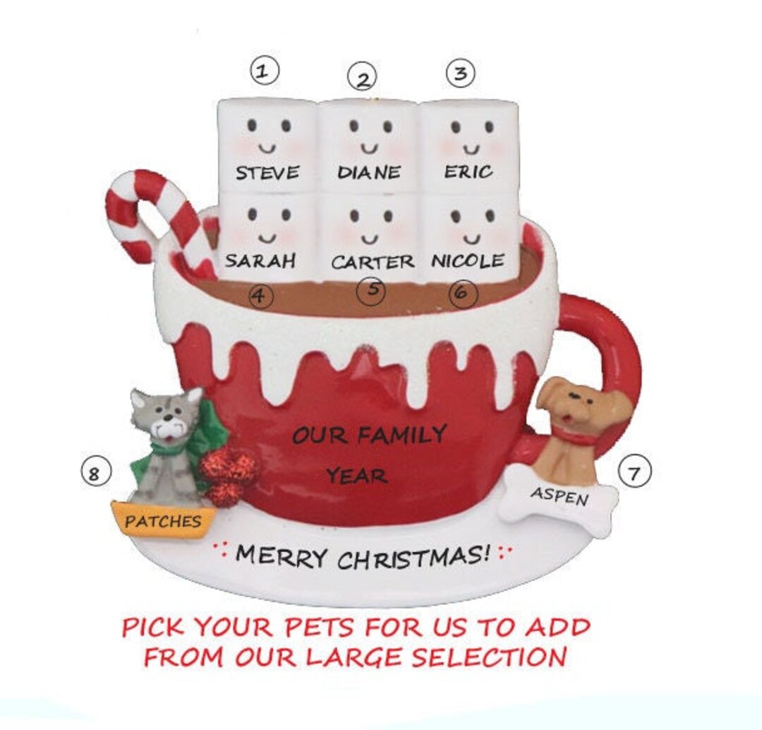 Personalized Ornament Marshmallow Family 6 With 2 Dogs or Cats Added ...