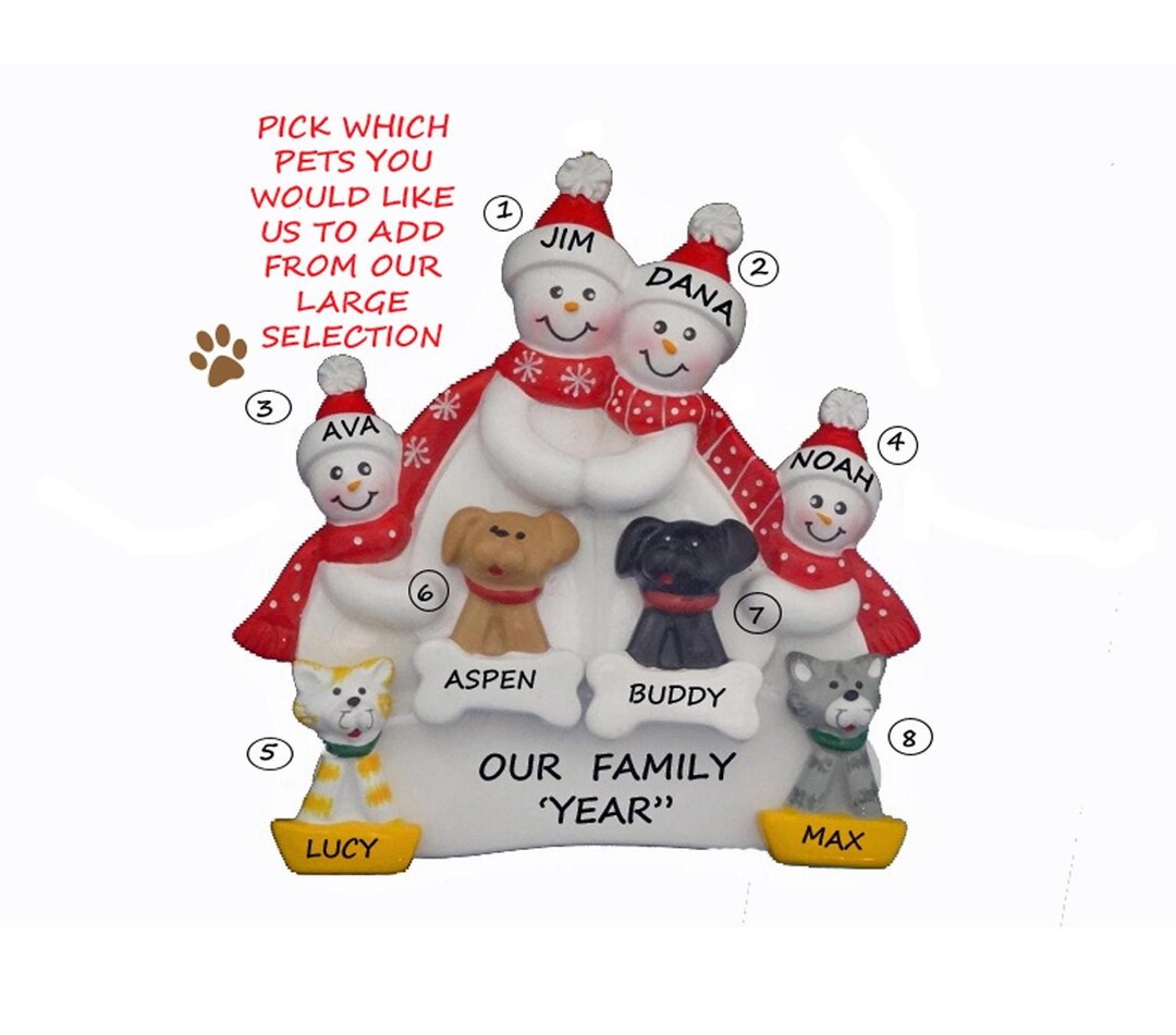 Personalized Family of 4 Ornament With 4 Pets Dogs or Cats Added Family ...