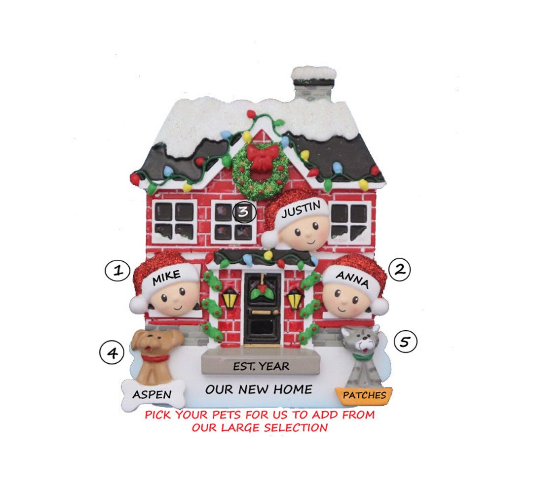 Personalized Family of 3 Home Ornament W/2 Pets Added - 3 People With 2 ...